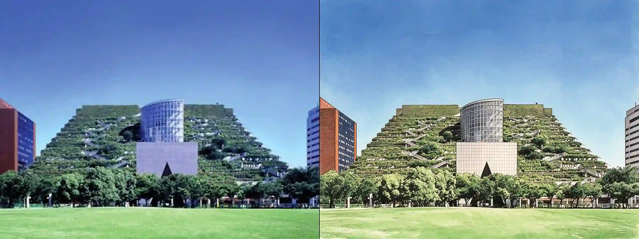 ACROS Fukuoka -- original photograph (left) vs hero-style illustration (right)