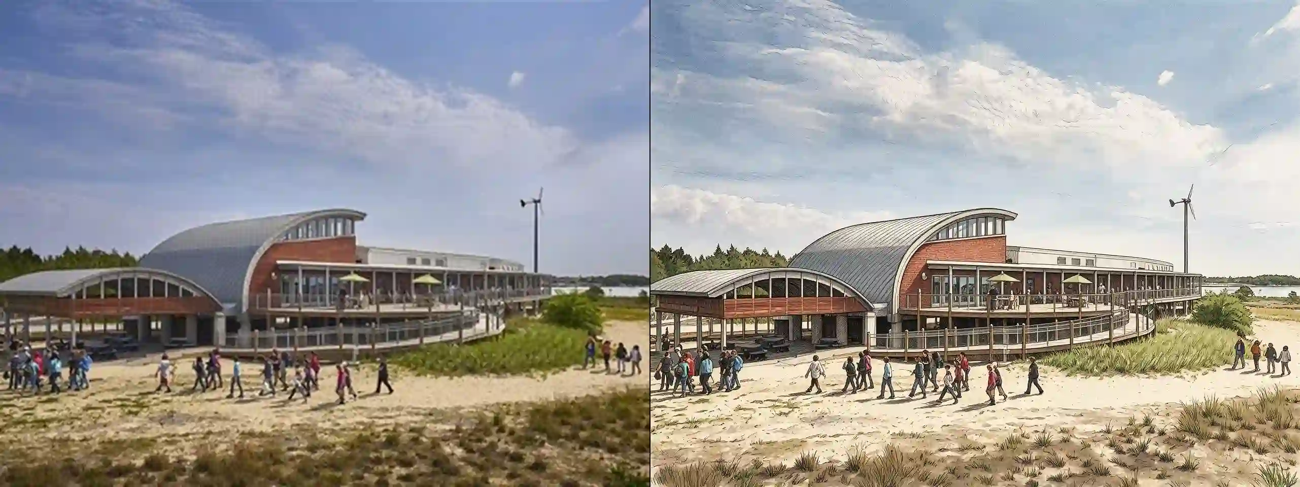 Brock Environmental Center -- original photograph (left) vs hero-style illustration (right)