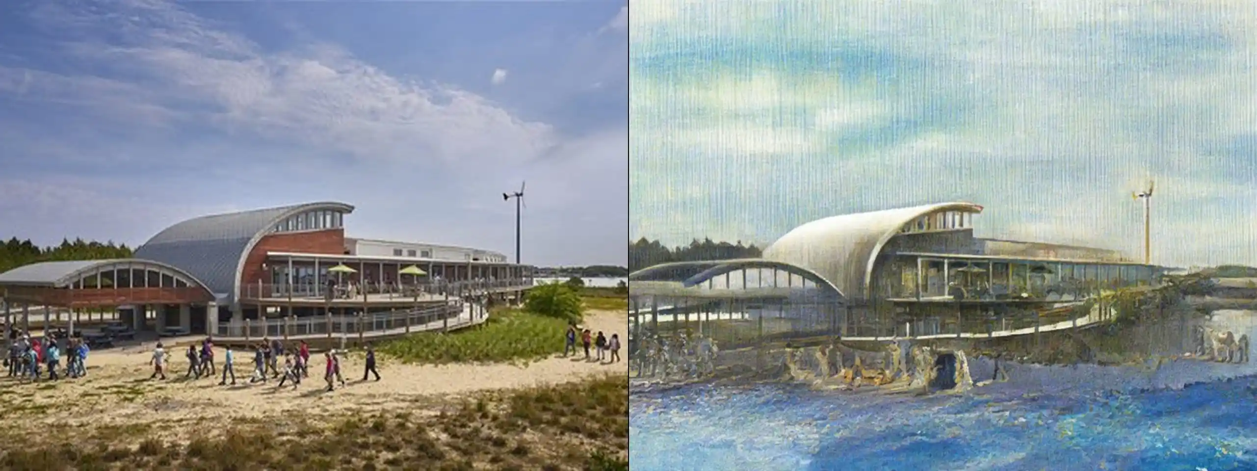 Brock Environmental Center -- original photograph (left) vs concept illustration (right). Provider: Runware REST. Model: civitai:629880@1453489 (Moxie Flux1 DS) + controlNet runware:25@1 (canny) + IP-Adapter runware:56@4 w0.6. Cost: $0.0058. Prompt: Preserve exactly the modern environmental center building by the water shown in the source photo: its position, proportions, composition, and setting. Do not add or remove structures, people, vehicles, or signage. Remove watermarks (such as "alamy"), but otherwise do not change any readable text. Redraw the source scene as an architectural draftsmanship illustration, pen and ink drawing with watercolor wash, fine technical line art, cross-hatching and stippling line shading, keep the same color palette but match with watercolor color fills with desaturated soft edge blooms, dynamic two-point perspective, soft white vignette framing on clean white paper background, highly detailed structural linework, storybook urban sketch aesthetic, high-key ambient lighting with minimal harsh cast shadows, shadows rendered as line hatching rather than dark color blocks, the sky a soft cerulean blue with light watercolor washes, not grey or stormy. Only the rendering style changes.