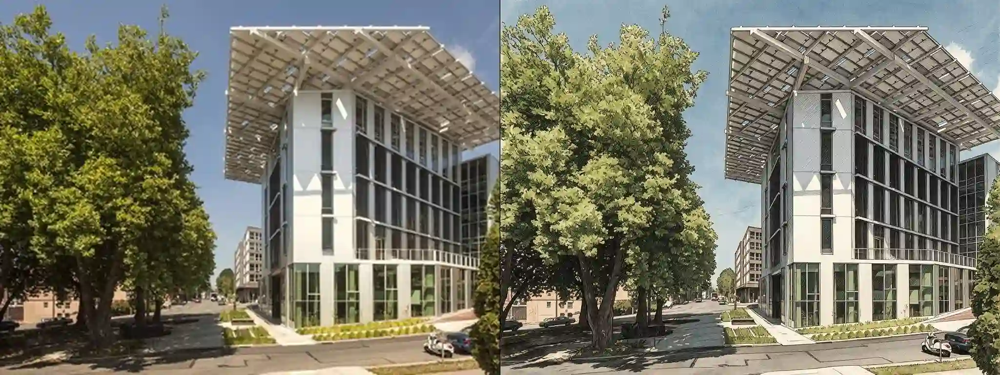 Bullitt Center -- original photograph (left) vs hero-style illustration (right)