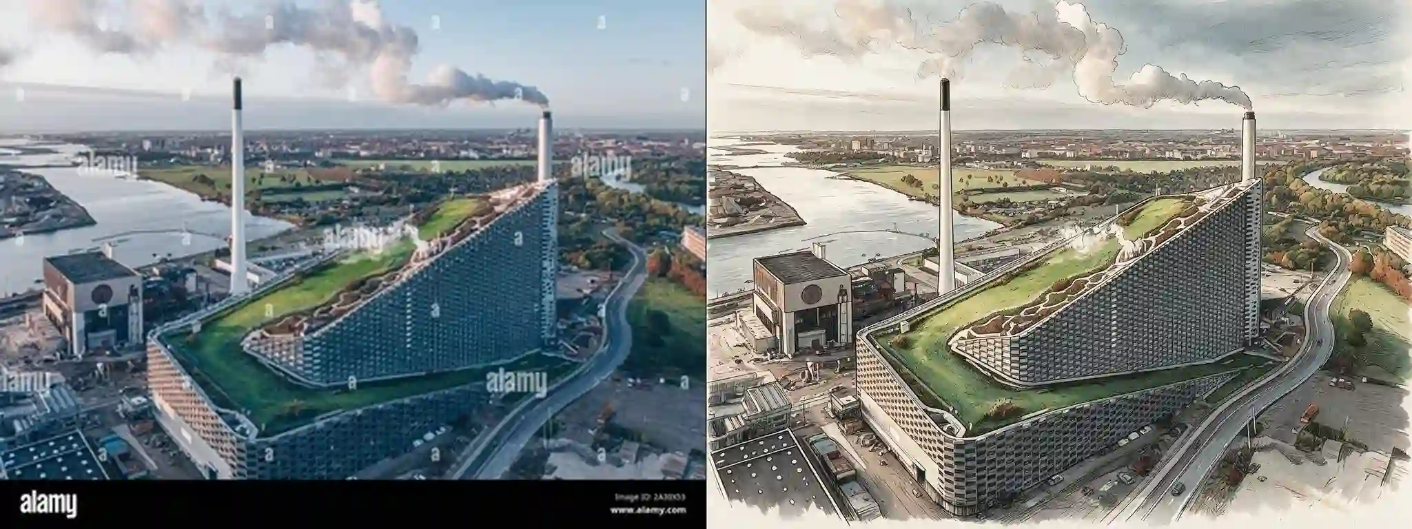 CopenHill Amager Bakke -- original photograph (left) vs hero-style illustration (right)