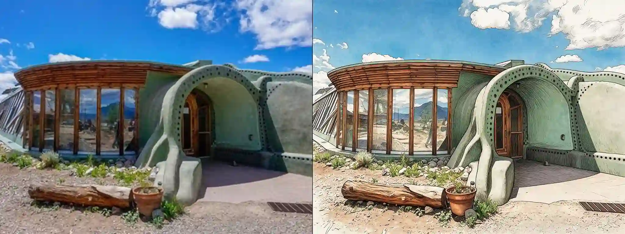 Earthship Biotecture -- original photograph (left) vs hero-style illustration (right)