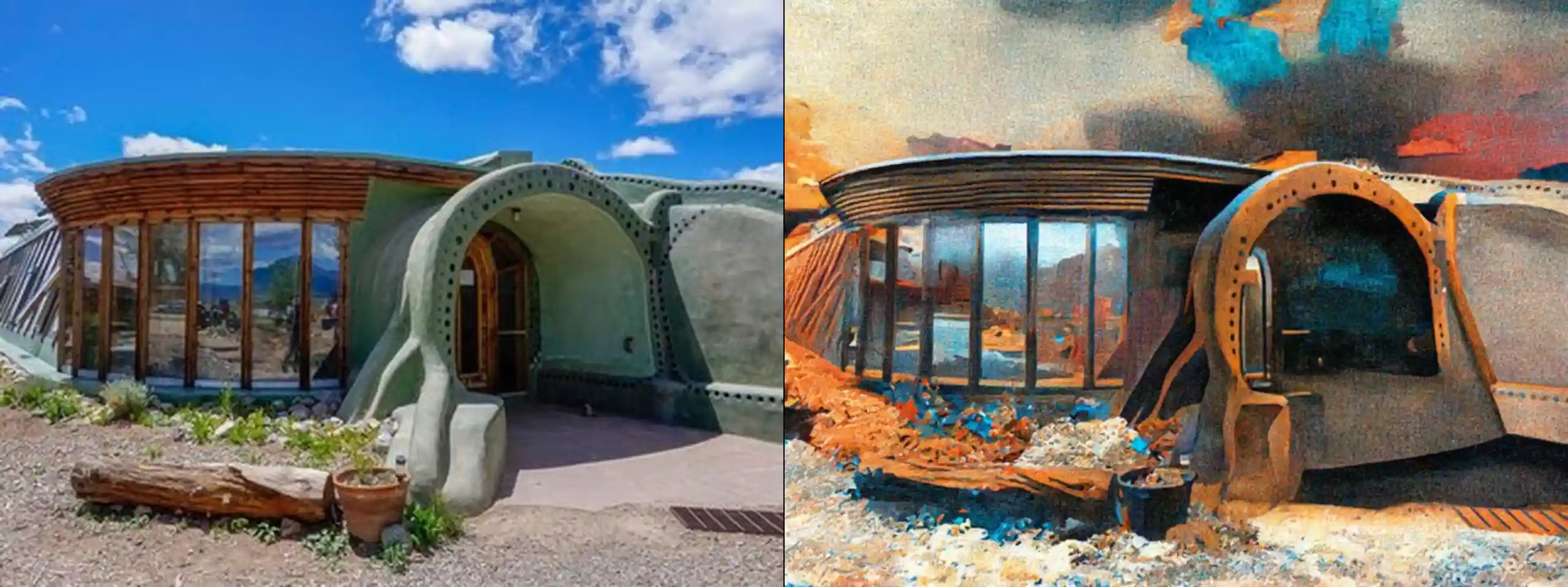 Earthship Biotecture -- original photograph (left) vs concept illustration (right). Provider: Runware REST (local canny guide). Model: civitai:629880@1453489 (Moxie Flux1 DS) + controlNet runware:25@1 (canny, local map) + IP-Adapter runware:56@4 w0.6. Cost: $0.0058. Prompt: Preserve exactly the earthship home built into the desert hillside shown in the source photo: its position, proportions, composition, and setting. Do not add or remove structures, people, vehicles, or signage. Remove watermarks (such as "alamy"), but otherwise do not change any readable text. Redraw the source scene as an architectural draftsmanship illustration, pen and ink drawing with watercolor wash, fine technical line art, cross-hatching and stippling line shading, keep the same color palette but match with watercolor color fills with desaturated soft edge blooms, dynamic two-point perspective, soft white vignette framing on clean white paper background, highly detailed structural linework, storybook urban sketch aesthetic, high-key ambient lighting with minimal harsh cast shadows, shadows rendered as line hatching rather than dark color blocks, the sky a soft cerulean blue with light watercolor washes, not grey or stormy. Only the rendering style changes.
