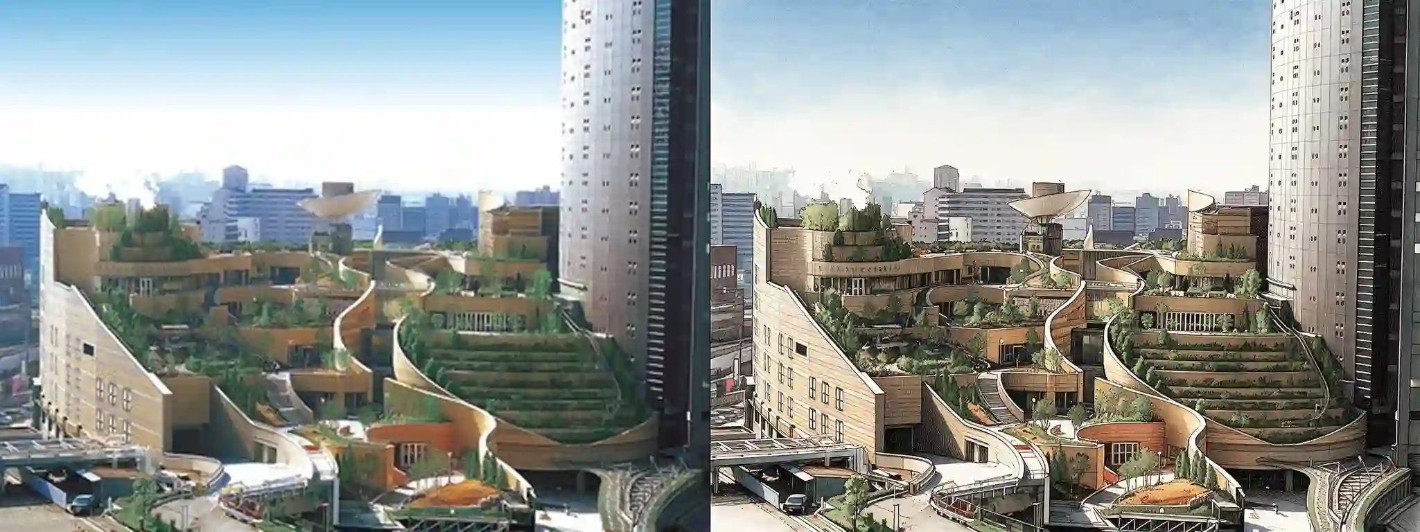 Namba Parks -- original photograph (left) vs hero-style illustration (right)
