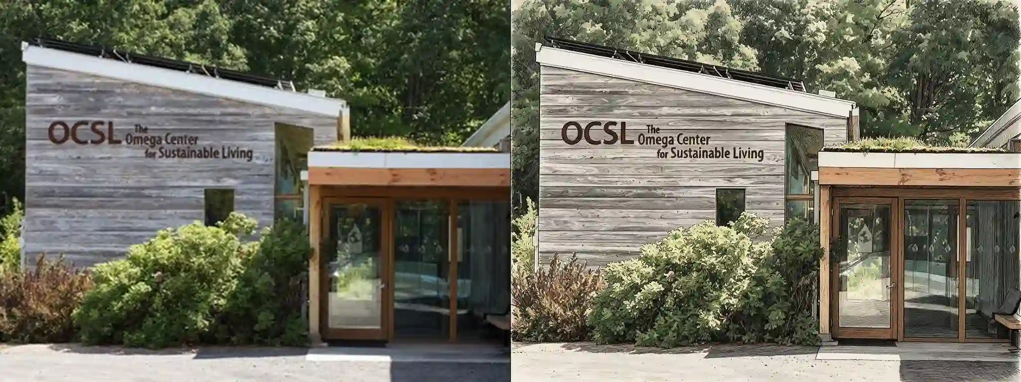 Omega Center for Sustainable Living -- original photograph (left) vs hero-style illustration (right)