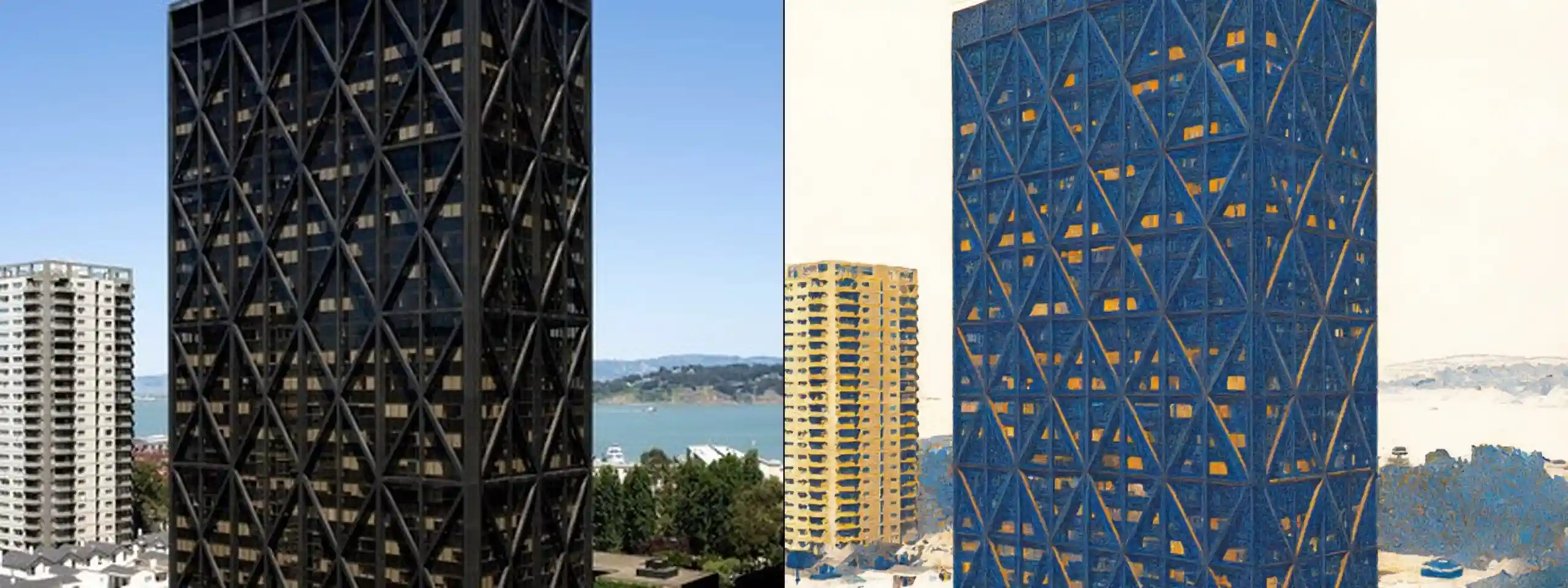 One Maritime Plaza -- original photograph (left) vs concept illustration (right). Provider: Runware REST. Model: civitai:629880@1453489 (Moxie Flux1 DS) + controlNet runware:25@1 (canny) + IP-Adapter runware:56@4 w0.6. Cost: $0.0058. Prompt: Preserve exactly the office skyscraper in the city shown in the source photo: its position, proportions, composition, and setting. Do not add or remove structures, people, vehicles, or signage. Remove watermarks (such as "alamy"), but otherwise do not change any readable text. Redraw the source scene as an architectural draftsmanship illustration, pen and ink drawing with watercolor wash, fine technical line art, cross-hatching and stippling line shading, keep the same color palette but match with watercolor color fills with desaturated soft edge blooms, dynamic two-point perspective, soft white vignette framing on clean white paper background, highly detailed structural linework, storybook urban sketch aesthetic, high-key ambient lighting with minimal harsh cast shadows, shadows rendered as line hatching rather than dark color blocks, the sky a soft cerulean blue with light watercolor washes, not grey or stormy. Only the rendering style changes.