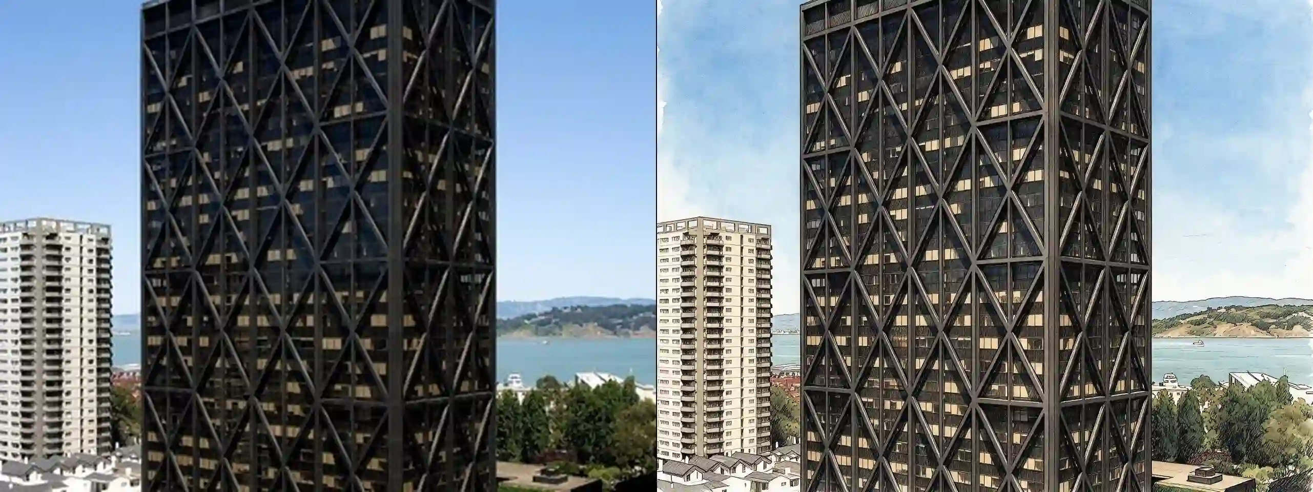 One Maritime Plaza -- original photograph (left) vs hero-style illustration (right)