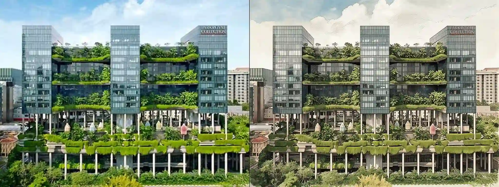 PARKROYAL on Pickering -- original photograph (left) vs hero-style illustration (right)