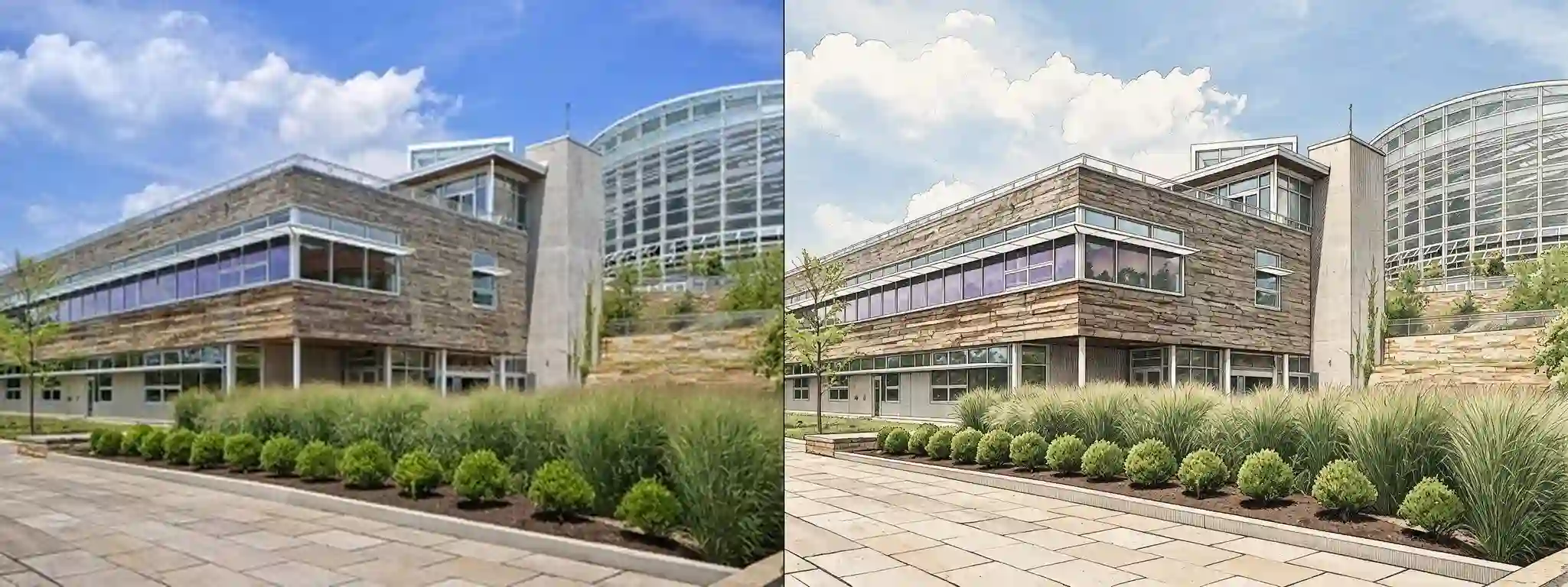 Phipps Center for Sustainable Landscapes -- original photograph (left) vs hero-style illustration (right)