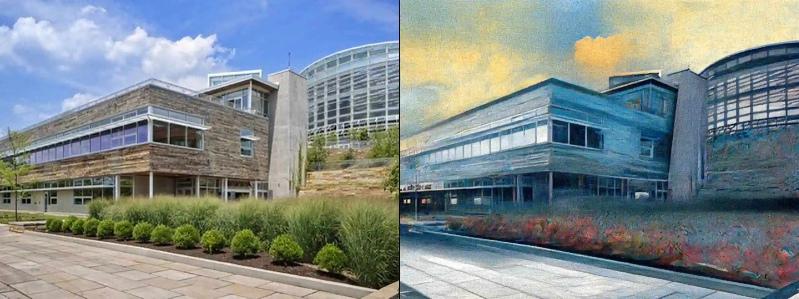 Phipps Center -- original photograph (left) vs concept illustration (right). Provider: Runware REST. Model: civitai:629880@1453489 (Moxie Flux1 DS) + controlNet runware:25@1 (canny) + IP-Adapter runware:56@4 w0.6. Cost: $0.0058. Prompt: Preserve exactly the glass greenhouse building with a curved roof shown in the source photo: its position, proportions, composition, and setting. Do not add or remove structures, people, vehicles, or signage. Remove watermarks (such as "alamy"), but otherwise do not change any readable text. Redraw the source scene as an architectural draftsmanship illustration, pen and ink drawing with watercolor wash, fine technical line art, cross-hatching and stippling line shading, keep the same color palette but match with watercolor color fills with desaturated soft edge blooms, dynamic two-point perspective, soft white vignette framing on clean white paper background, highly detailed structural linework, storybook urban sketch aesthetic, high-key ambient lighting with minimal harsh cast shadows, shadows rendered as line hatching rather than dark color blocks, the sky a soft cerulean blue with light watercolor washes, not grey or stormy. Only the rendering style changes.