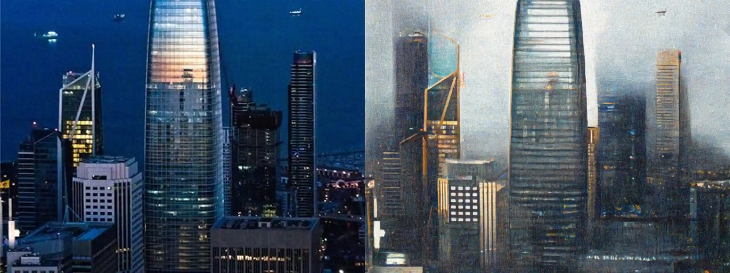 Salesforce Tower -- original photograph (left) vs concept illustration (right). Provider: Runware REST. Model: civitai:629880@1453489 (Moxie Flux1 DS) + controlNet runware:25@1 (canny) + IP-Adapter runware:56@4 w0.6. Cost: $0.0058. Prompt: Preserve exactly the corporate skyscraper in the city shown in the source photo: its position, proportions, composition, and setting. Do not add or remove structures, people, vehicles, or signage. Remove watermarks (such as "alamy"), but otherwise do not change any readable text. Redraw the source scene as an architectural draftsmanship illustration, pen and ink drawing with watercolor wash, fine technical line art, cross-hatching and stippling line shading, keep the same color palette but match with watercolor color fills with desaturated soft edge blooms, dynamic two-point perspective, soft white vignette framing on clean white paper background, highly detailed structural linework, storybook urban sketch aesthetic, high-key ambient lighting with minimal harsh cast shadows, shadows rendered as line hatching rather than dark color blocks, the sky a soft cerulean blue with light watercolor washes, not grey or stormy. Only the rendering style changes.