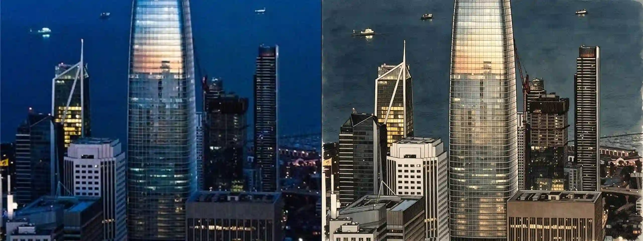 Salesforce Tower -- original photograph (left) vs hero-style illustration (right)