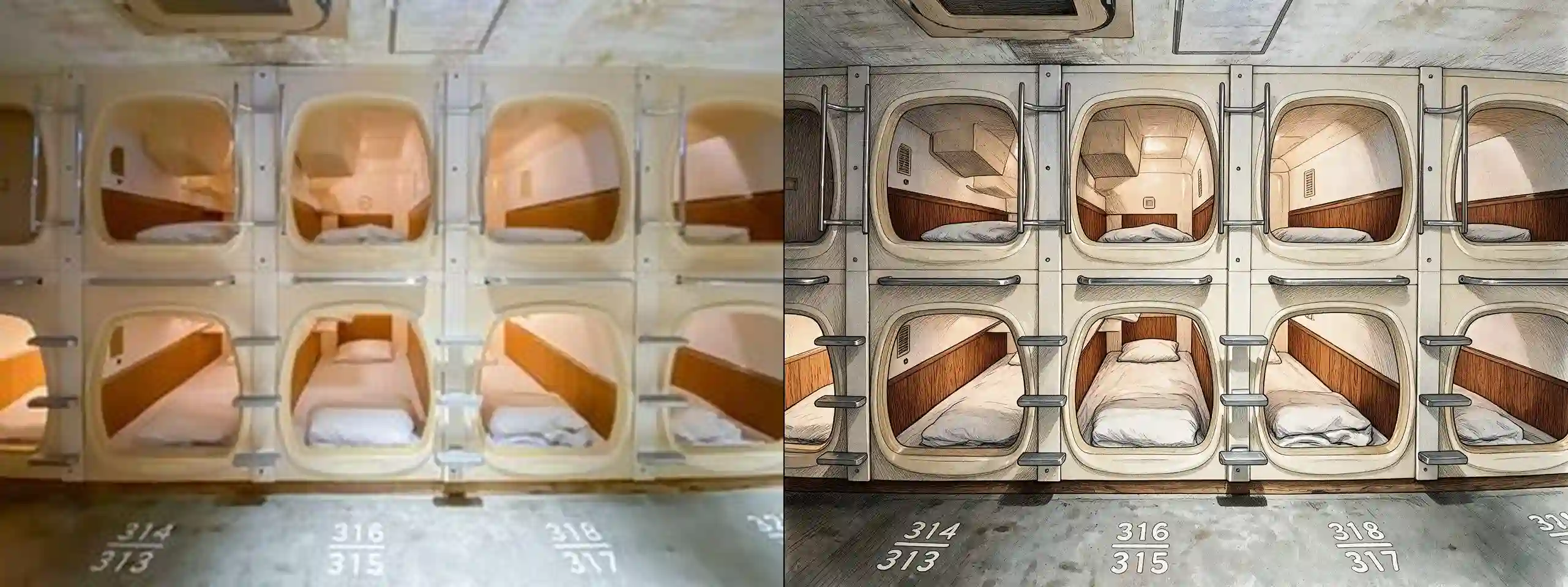 Single room (small) -- original photograph (left) vs hero-style illustration (right)