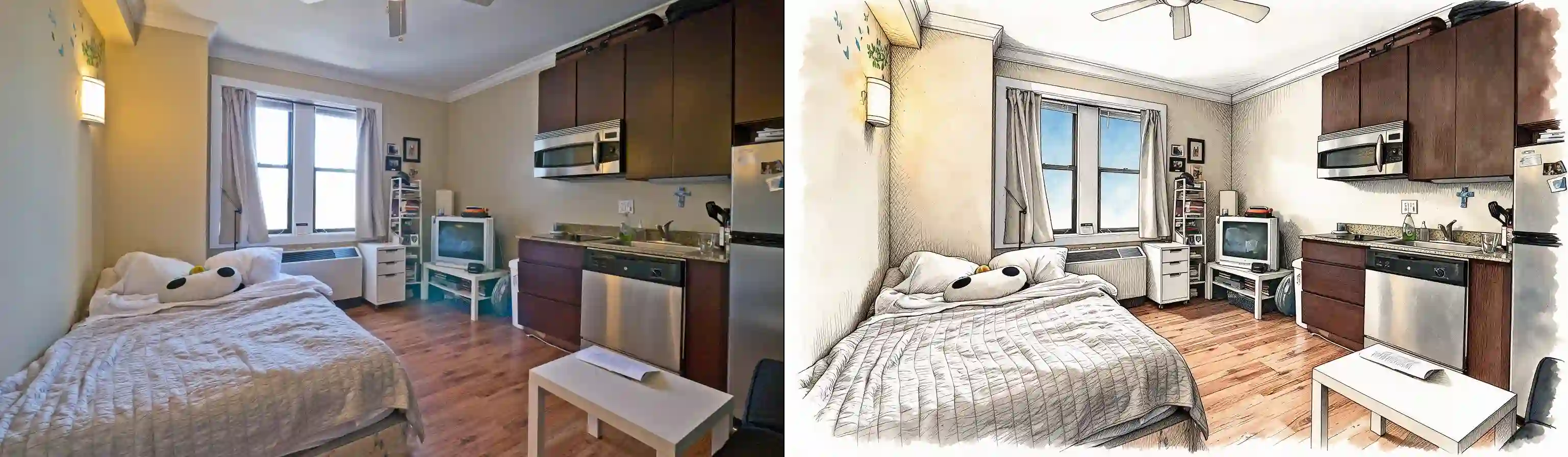 Single room (4976px source) -- original photograph (left) vs concept illustration (right). Provider: Runware REST. Model: bytedance:seedream@5.0-pro. Cost: $0.05136. Prompt: Seedream multi-reference, bright-interior addendum