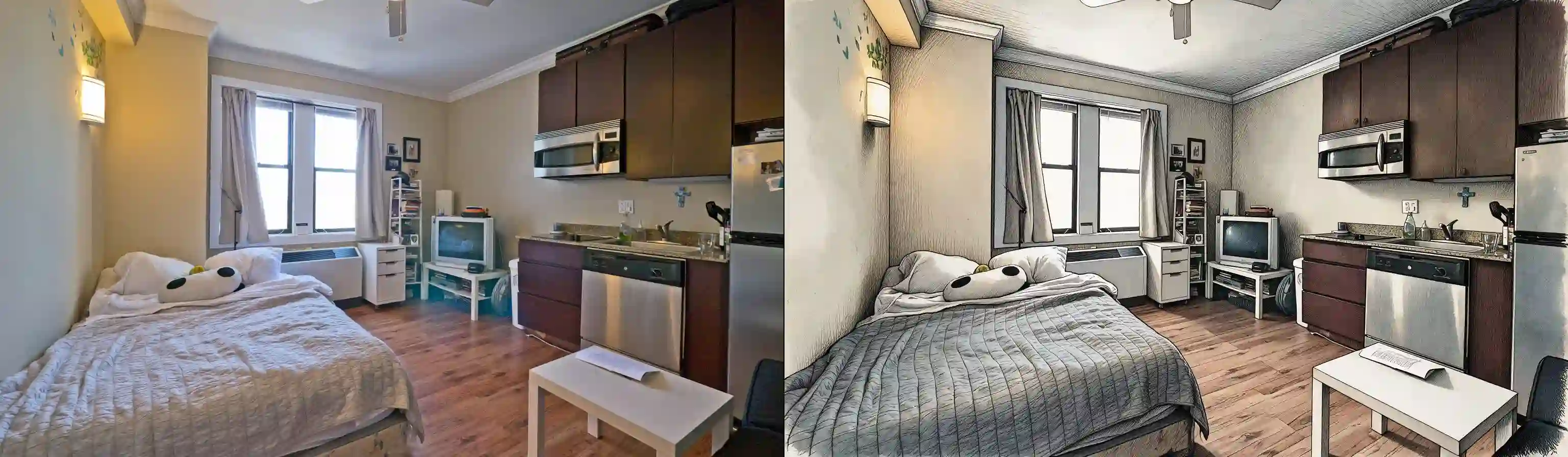 Single room (full) -- original photograph (left) vs hero-style illustration (right)