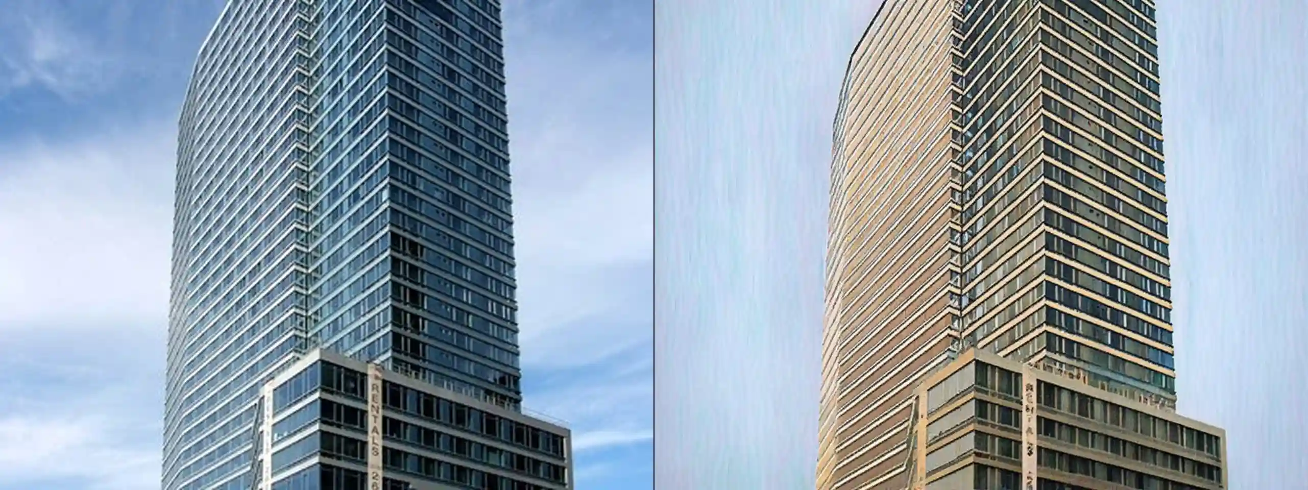 The Helena (NYC) -- original photograph (left) vs concept illustration (right). Provider: Runware REST. Model: civitai:629880@1453489 (Moxie Flux1 DS) + controlNet runware:25@1 (canny) + IP-Adapter runware:56@4 w0.6. Cost: $0.0058. Prompt: Preserve exactly the residential tower building shown in the source photo: its position, proportions, composition, and setting. Do not add or remove structures, people, vehicles, or signage. Remove watermarks (such as "alamy"), but otherwise do not change any readable text. Redraw the source scene as an architectural draftsmanship illustration, pen and ink drawing with watercolor wash, fine technical line art, cross-hatching and stippling line shading, keep the same color palette but match with watercolor color fills with desaturated soft edge blooms, dynamic two-point perspective, soft white vignette framing on clean white paper background, highly detailed structural linework, storybook urban sketch aesthetic, high-key ambient lighting with minimal harsh cast shadows, shadows rendered as line hatching rather than dark color blocks, the sky a soft cerulean blue with light watercolor washes, not grey or stormy. Only the rendering style changes.